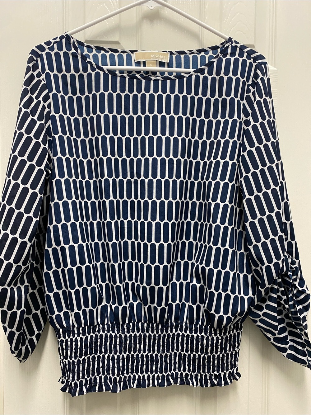 MICHAEL Michael Kors Navy and White Geometric Smocked-Hem Blouse